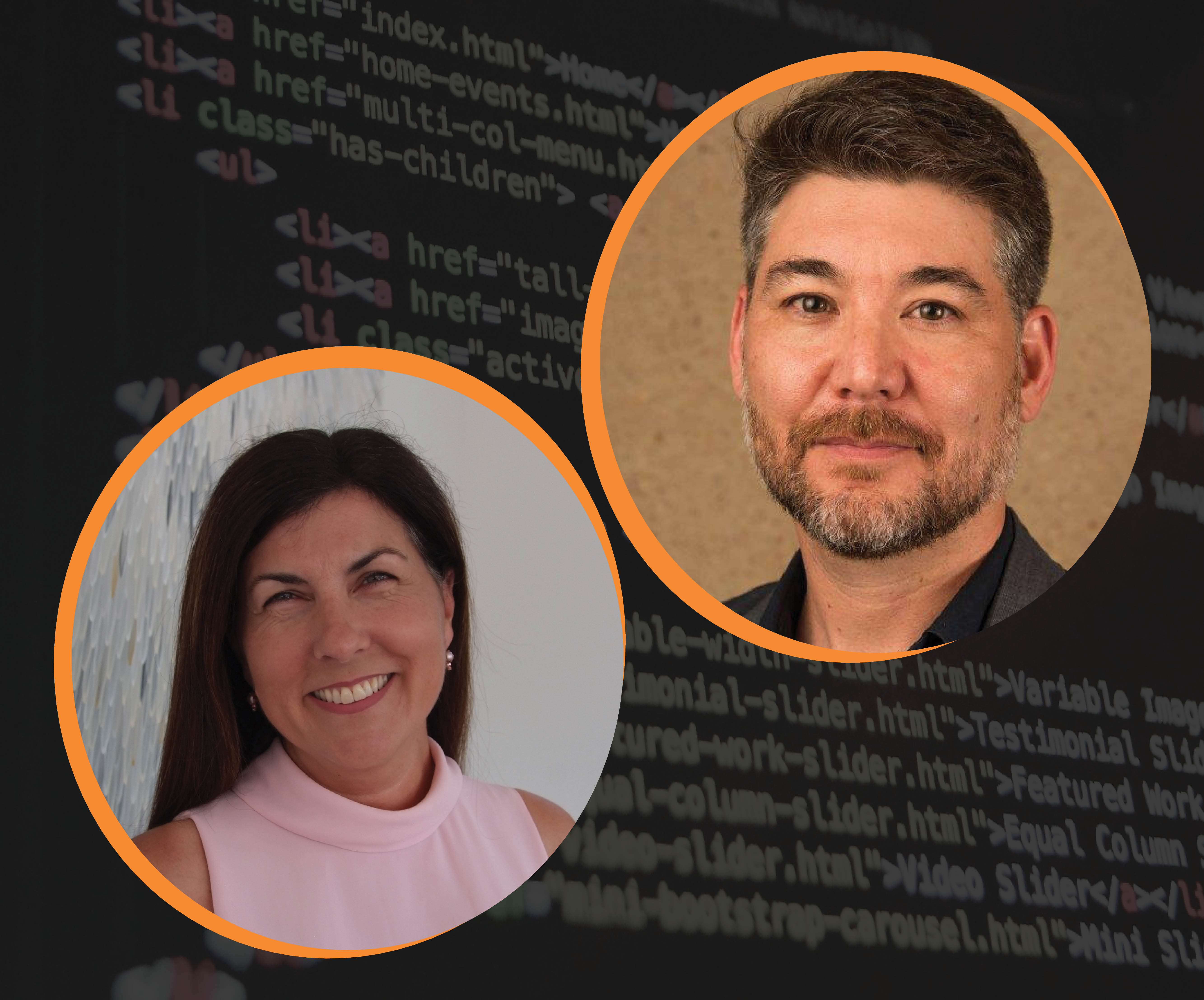 author headshot of Tracey and Gavin with computer screen background