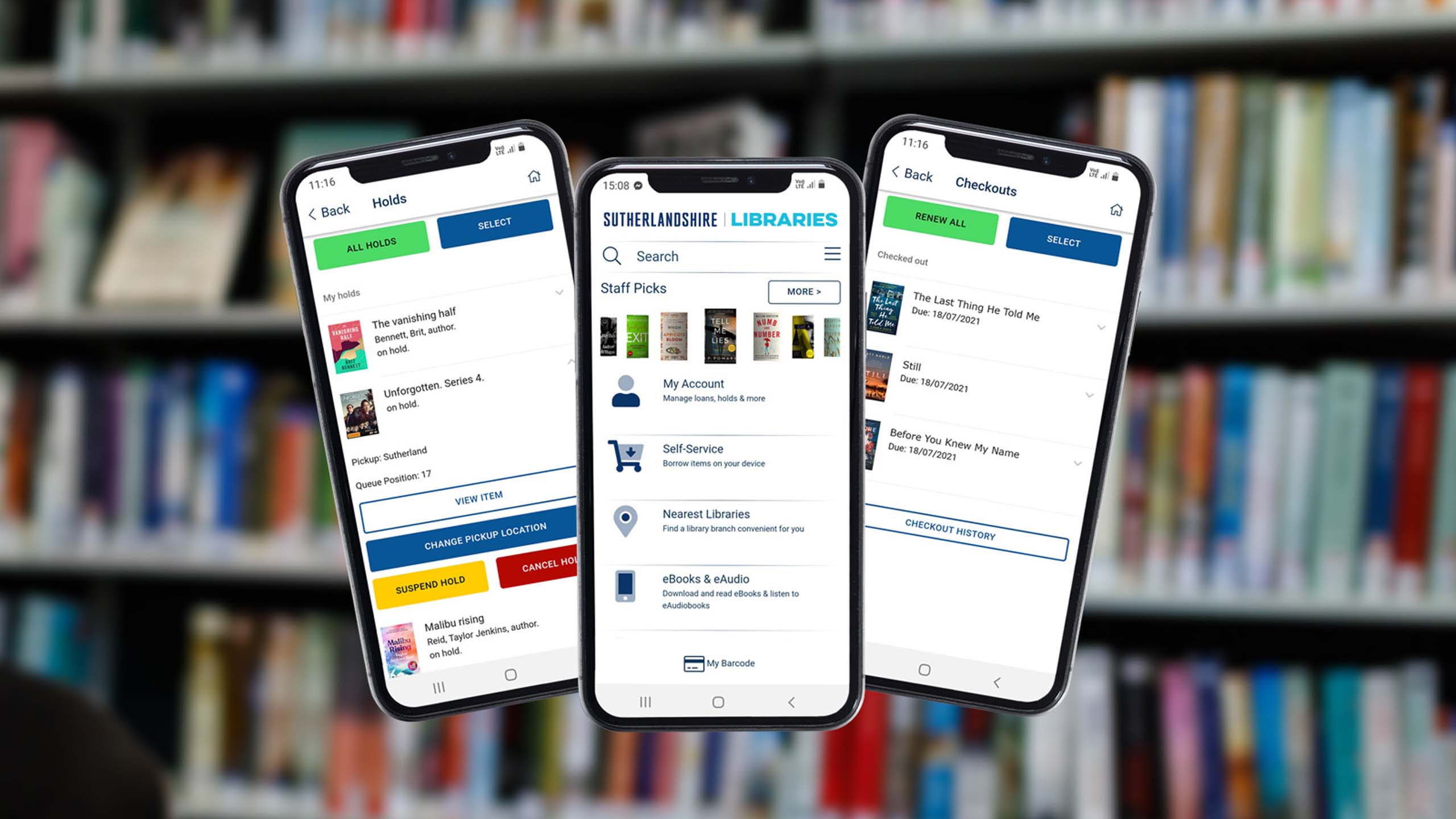 3 phones showing the Sutherland Shire Libraries app