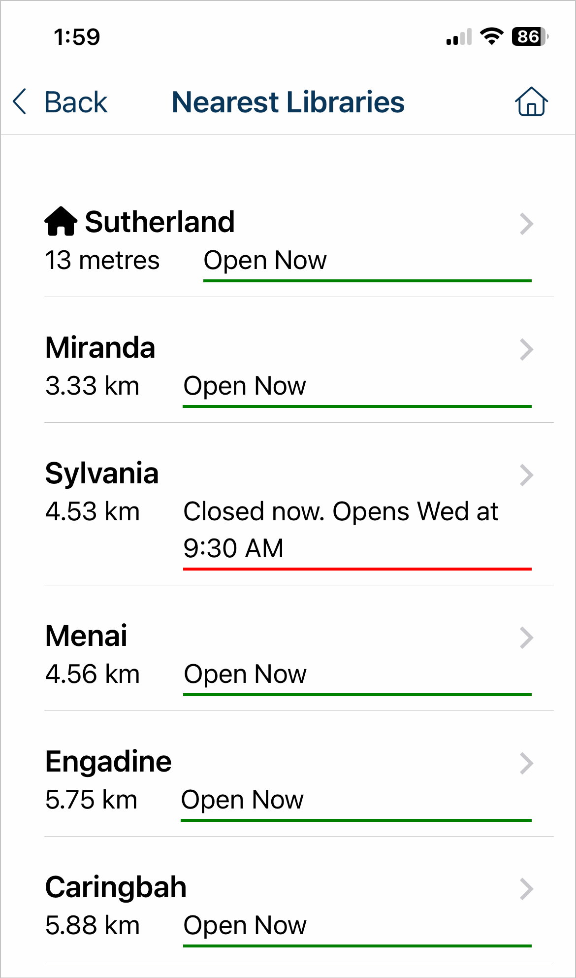 Locations and opening hours on the Sutherland Shire Libraries App