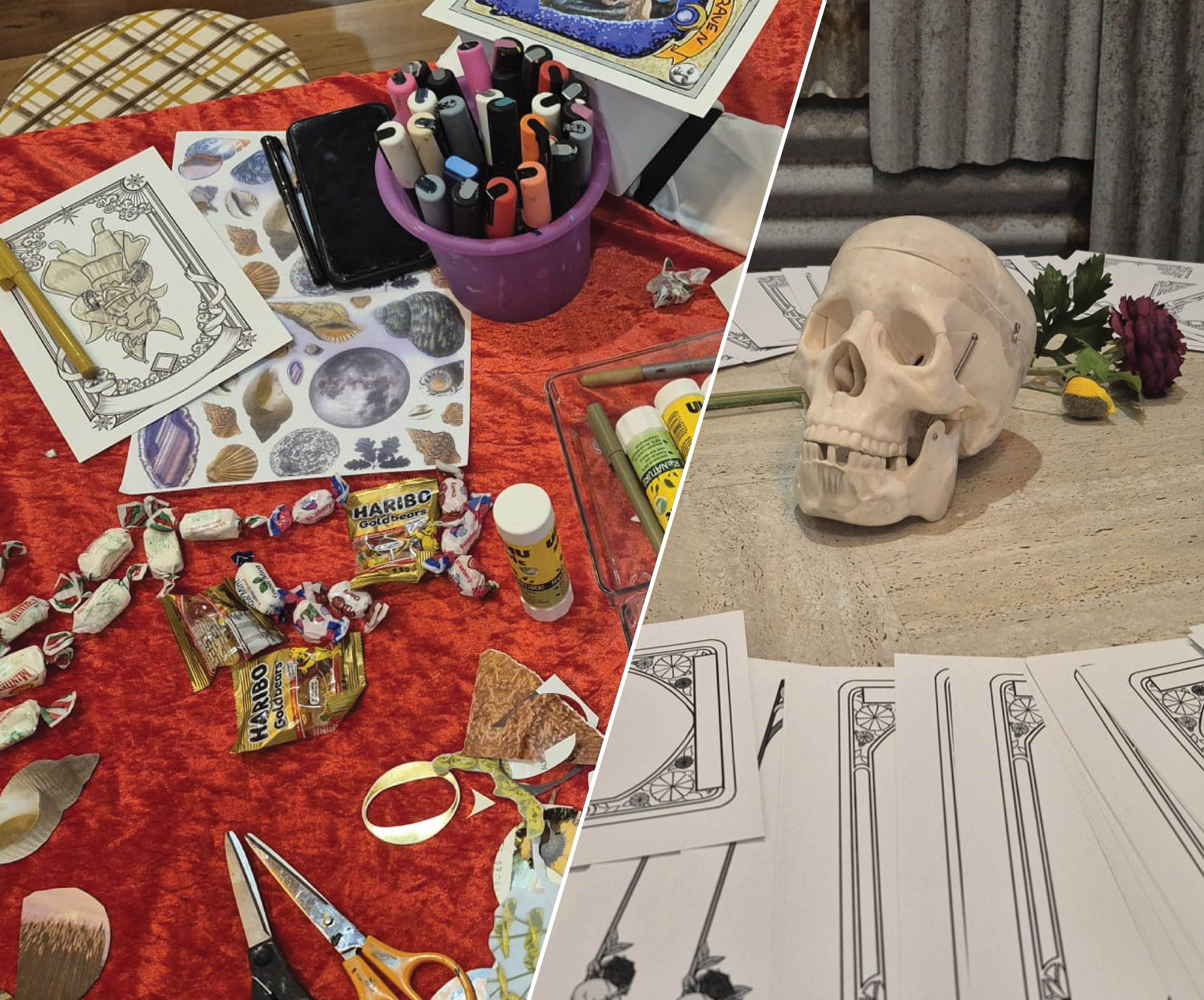 supplies for tarot craft and skull surrounded by tarot templates