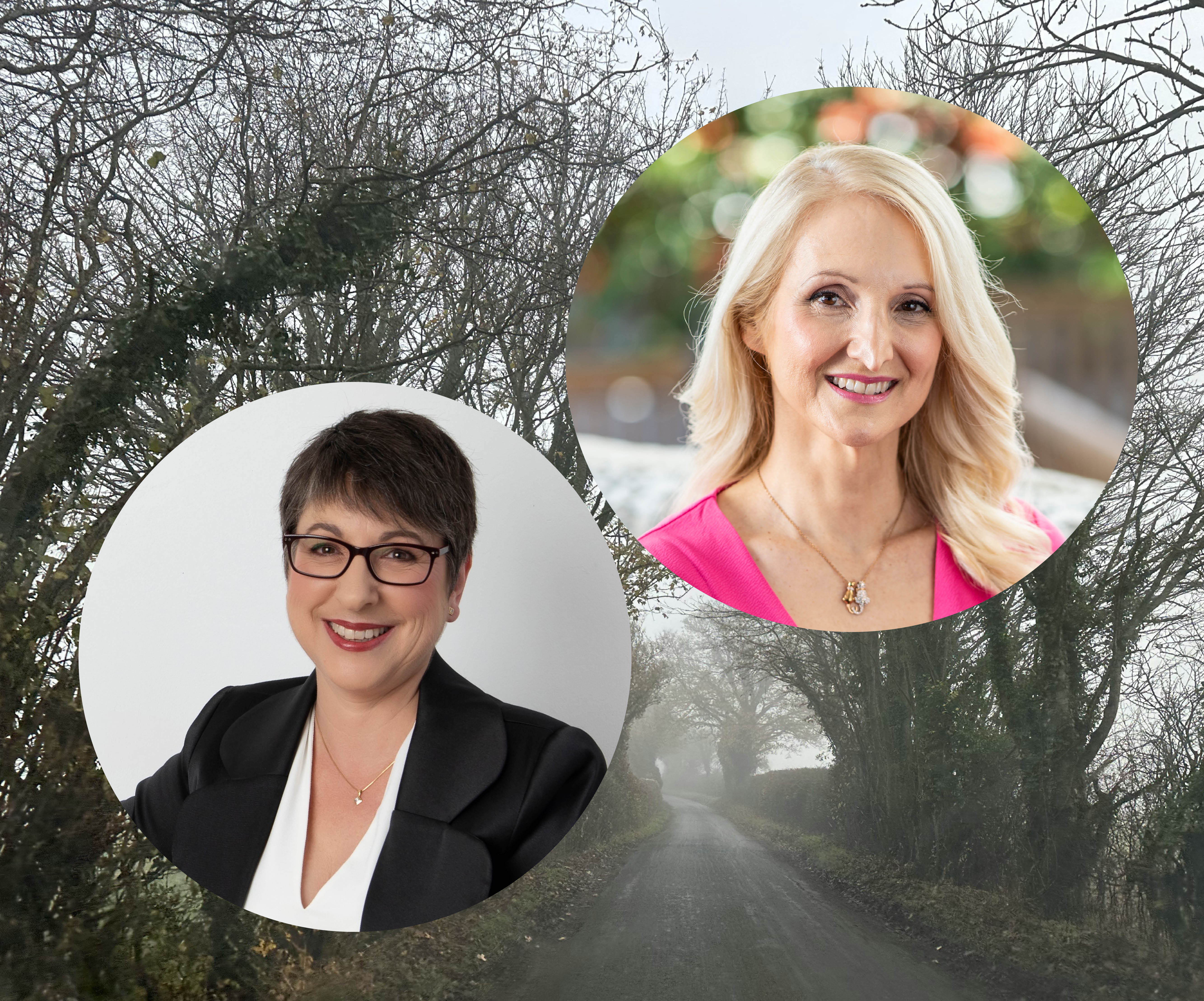 author head shots with foggy country road background