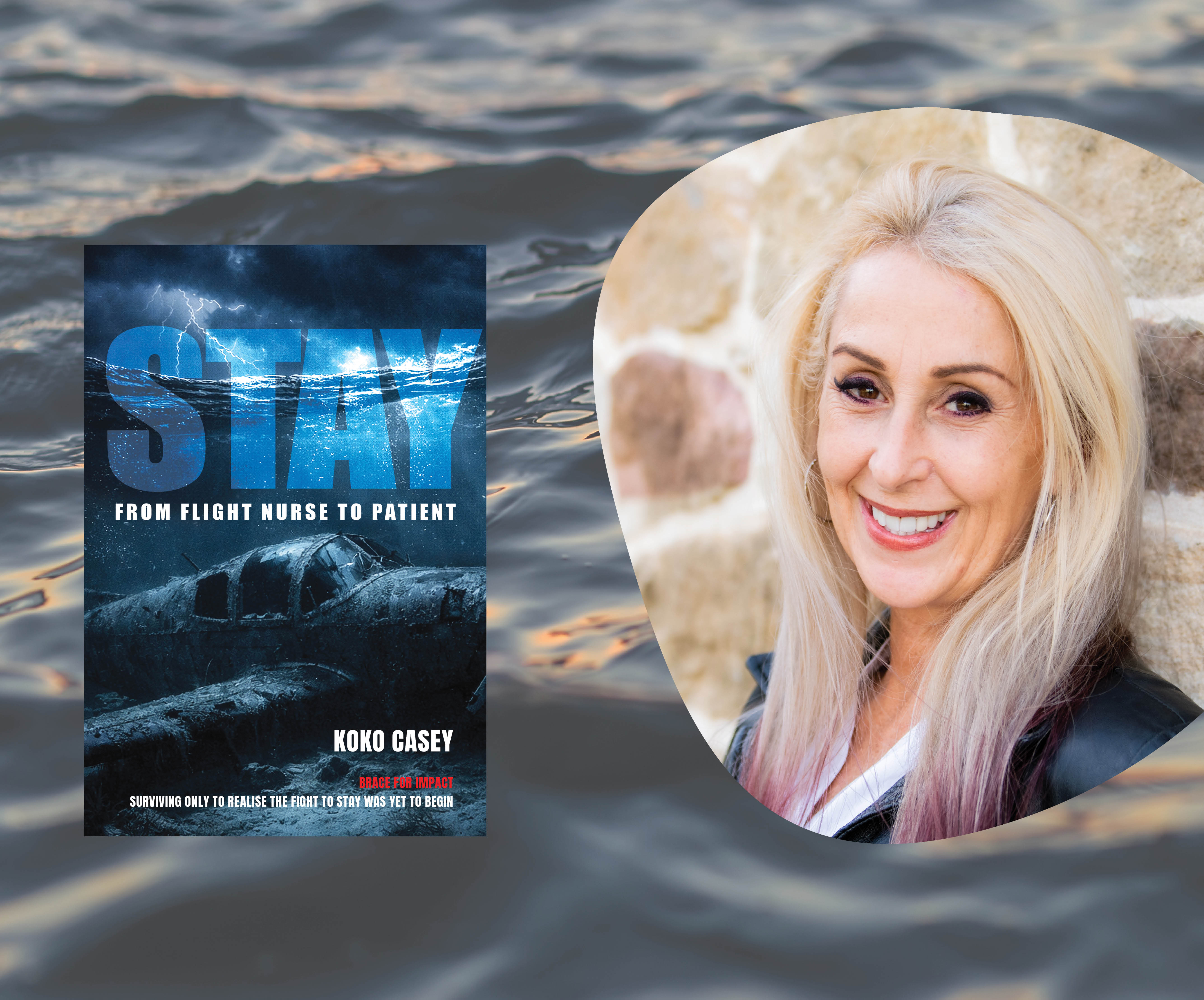book cover image and author headshot overlayed on ocean image