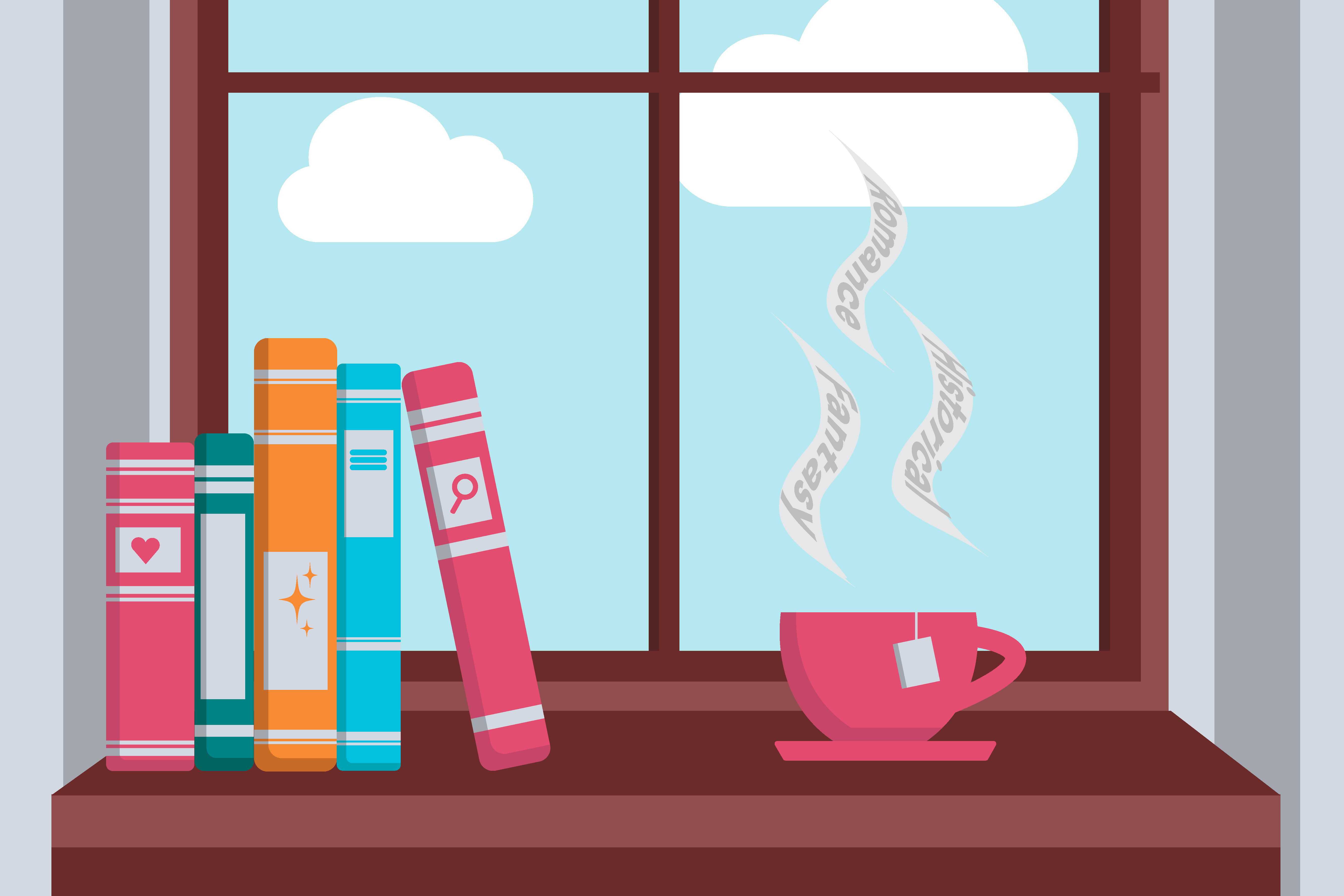 Illustration of books and cup of tea on the window sill