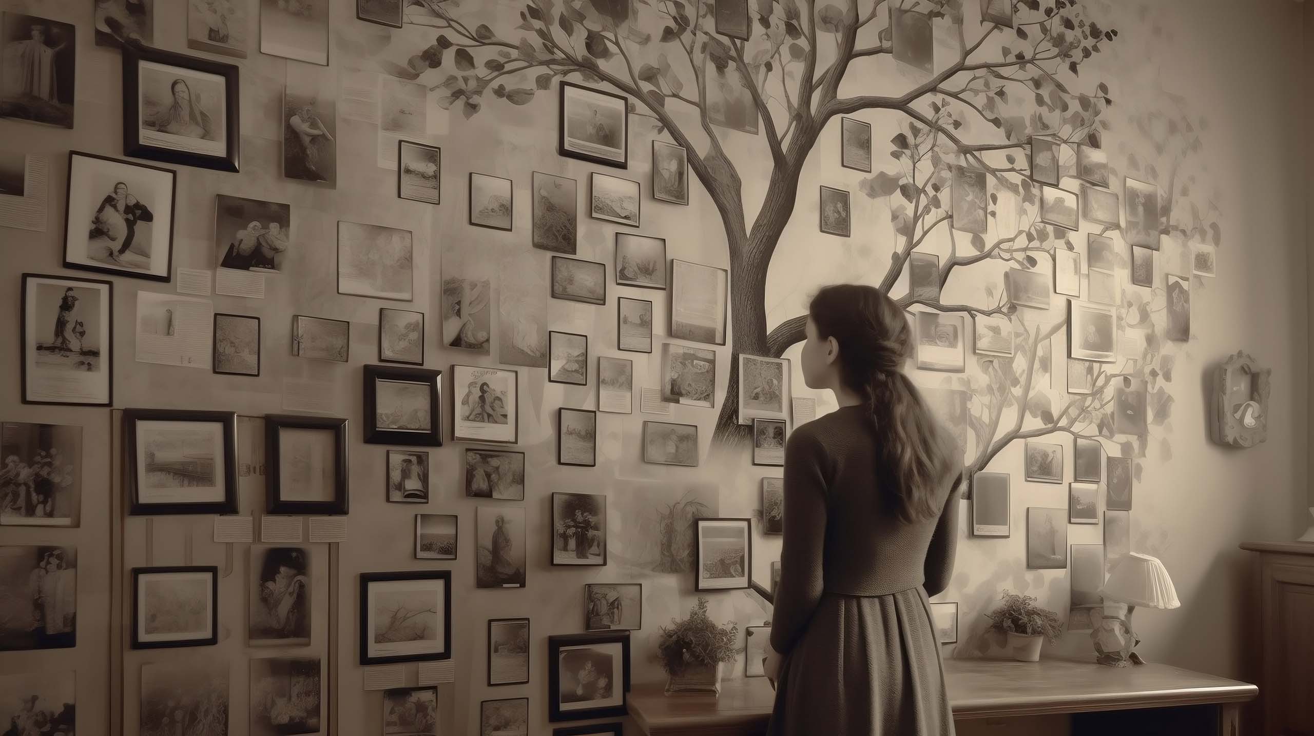 photos on a wall in the shape of a family tree