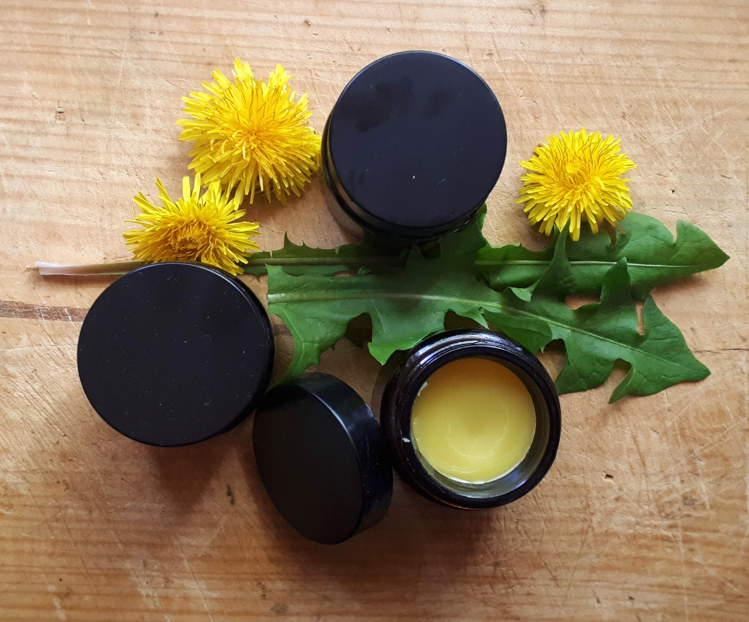 Flat lay of dandelion salve