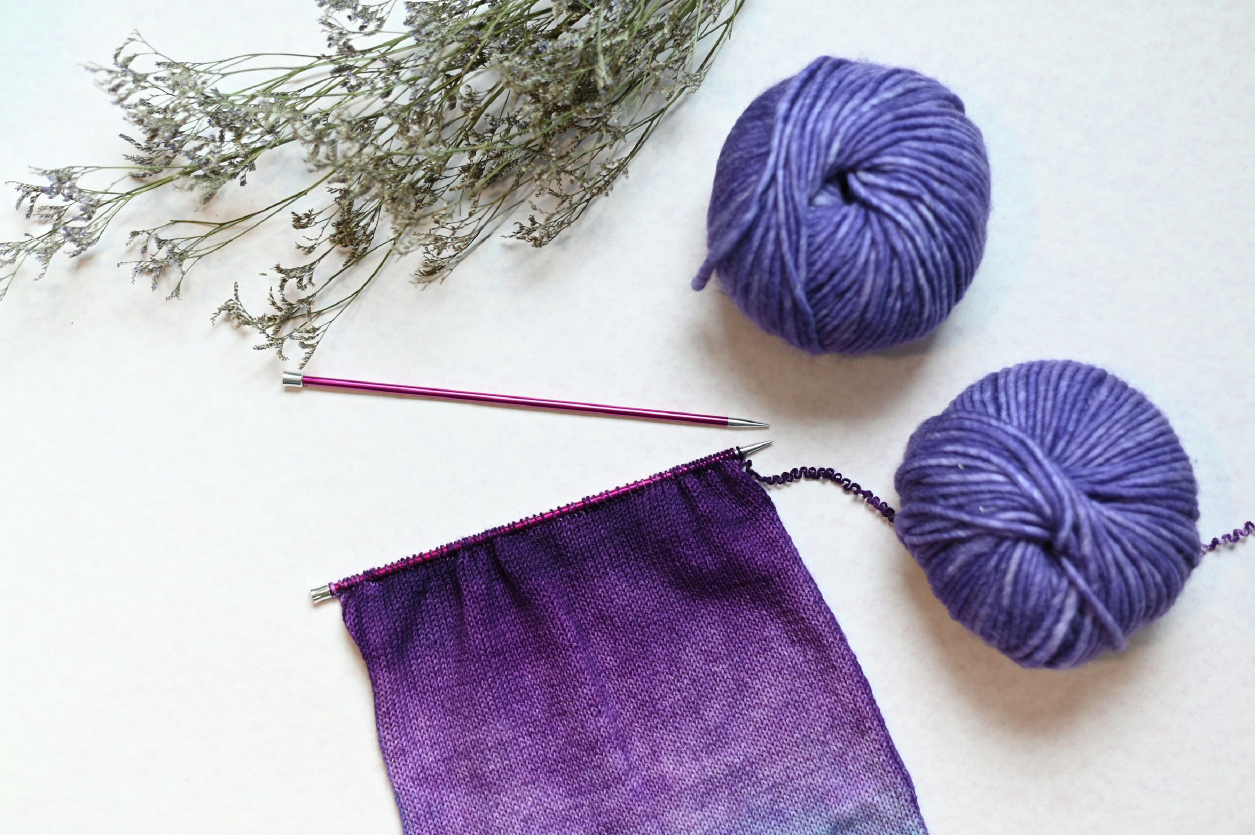 Purple Wool, knitting needles & plant